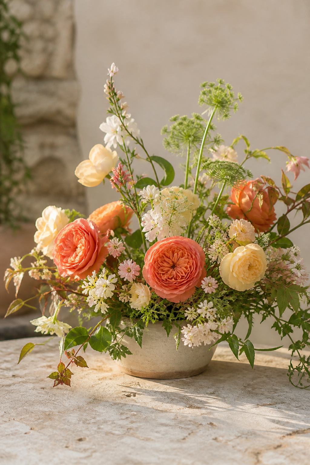 Coral roses and seasonal foliage in an arrangement