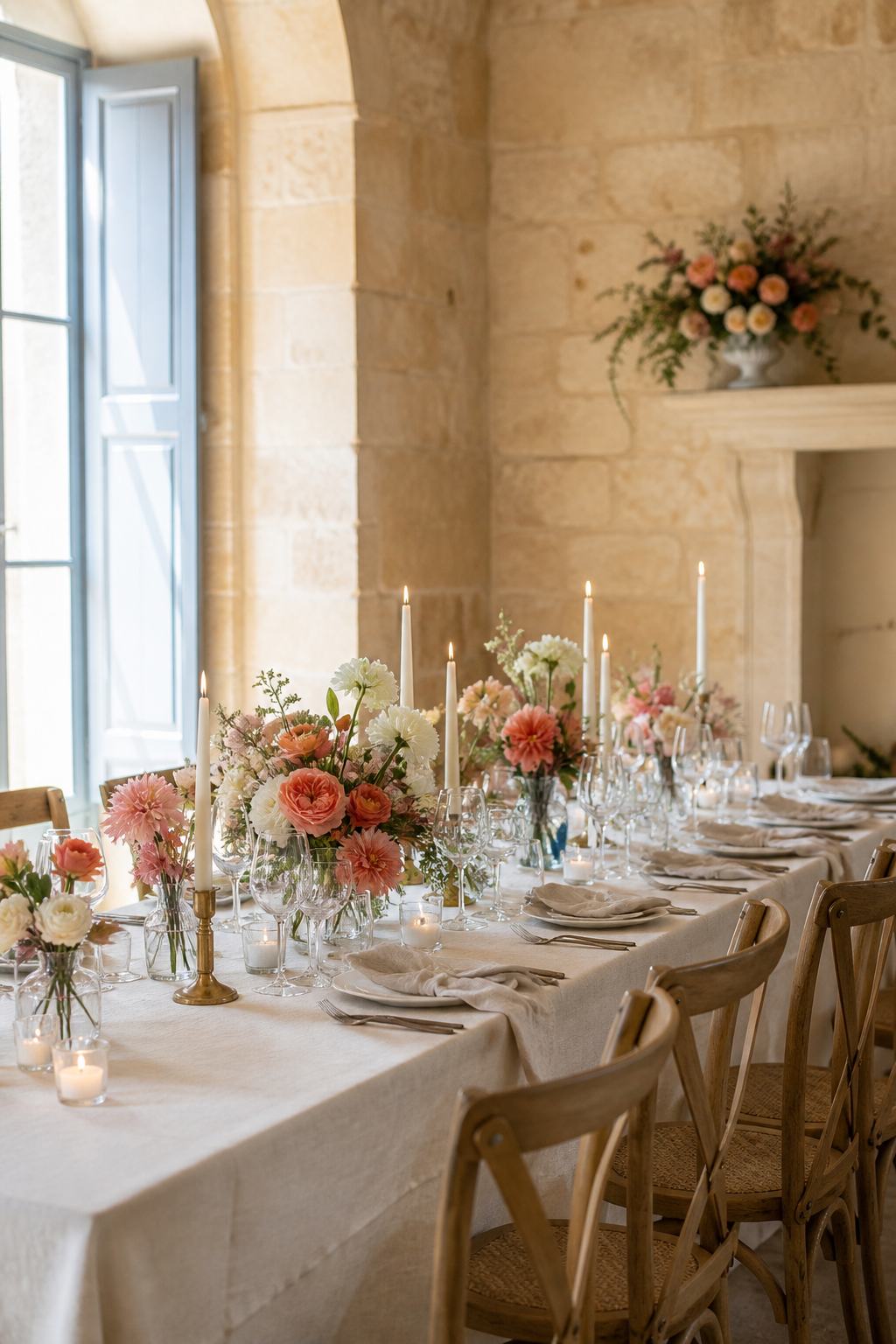 Seasonal table flowers in warm sunlight