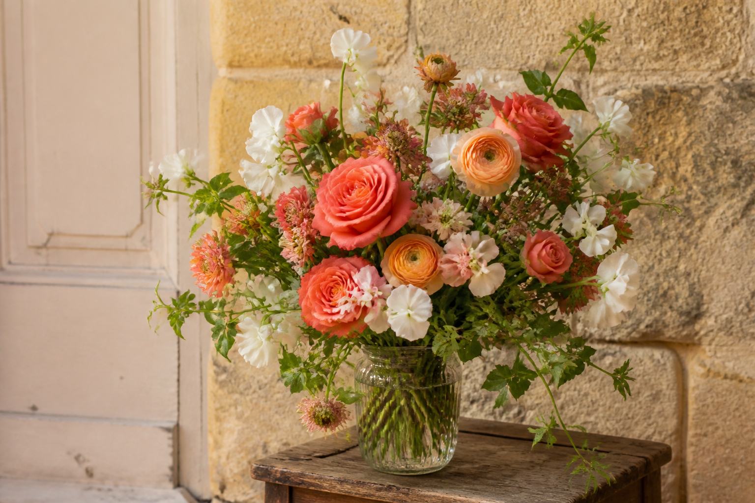 Fresh seasonal flowers gathered in a vase