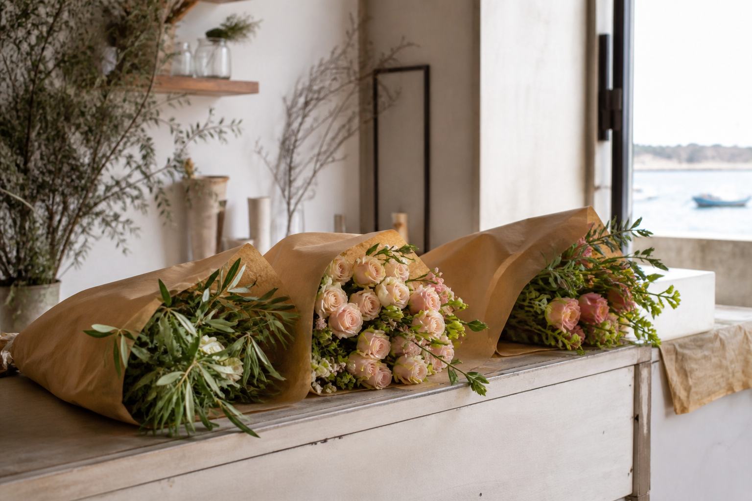 Wrapped stems waiting on a florist counter